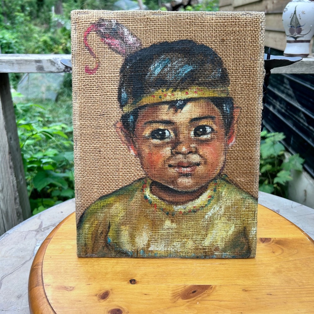 Vintage Burlap Painting Big Eye Child Portrait Southwestern Folk Art MCM Medina